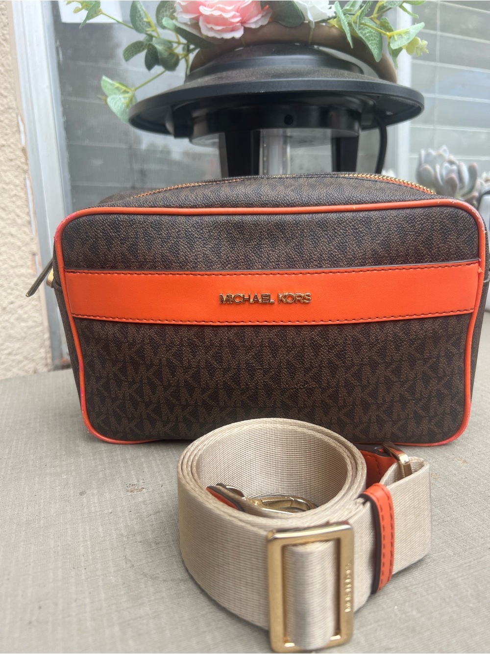 Michael Kors Brown Monogram Crossbody with Orange Trim